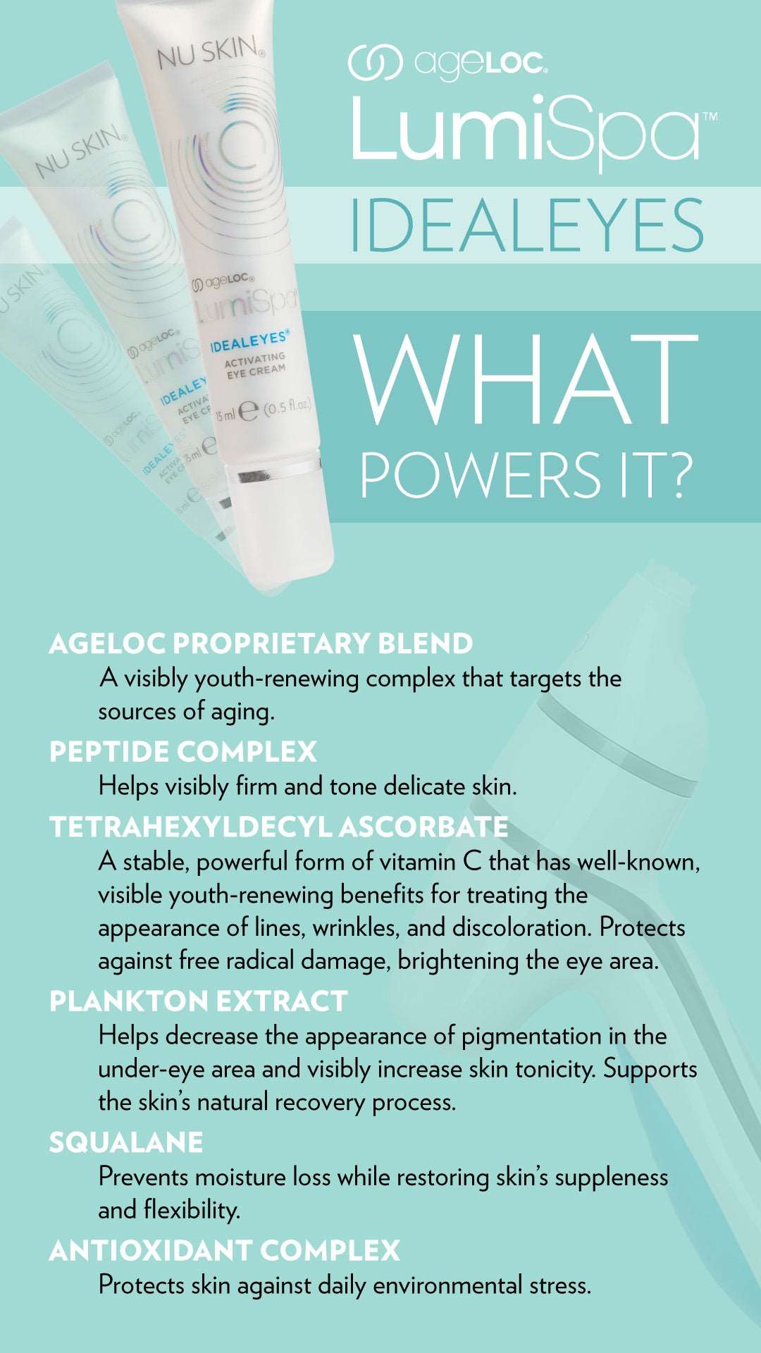 ageLOC® Lumispa® IdealEyes®Buy ageLOC® Lumispa® IdealEyes®
* Discount will apply at checkout.
Goodbye bags, hello bright eyes. ageLOC® LumiSpa® IdealEyes® Activating Eye Cream is specially desageLOC® Lumispa® IdealEyes®