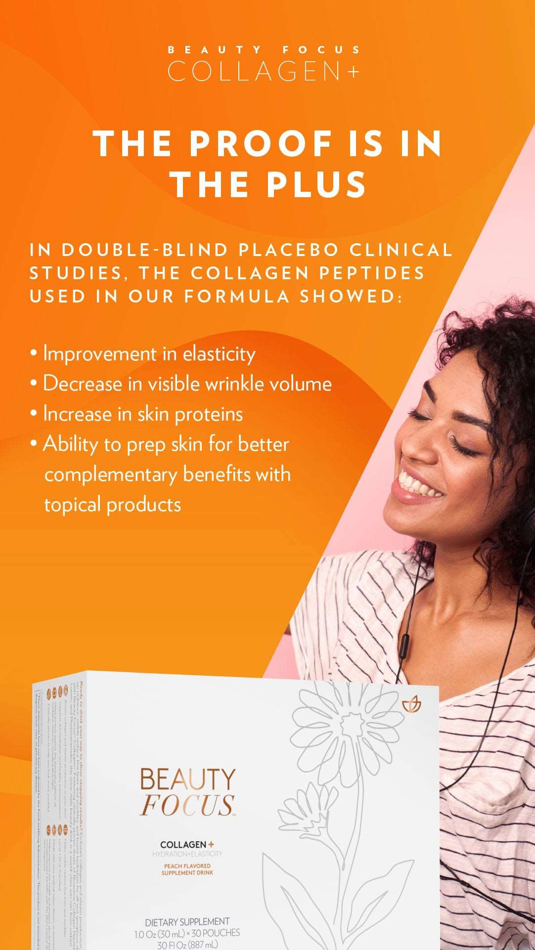 benefits: Beauty Focus™ Collagen+ (Peach)Buy with Regular Price* Discount will apply at checkout.  Kickstart collagen and elastin production, rev up radiance, visibly reduce fine lines and wrinkles, and bBeauty Focus™ Collagen+ (Peach)