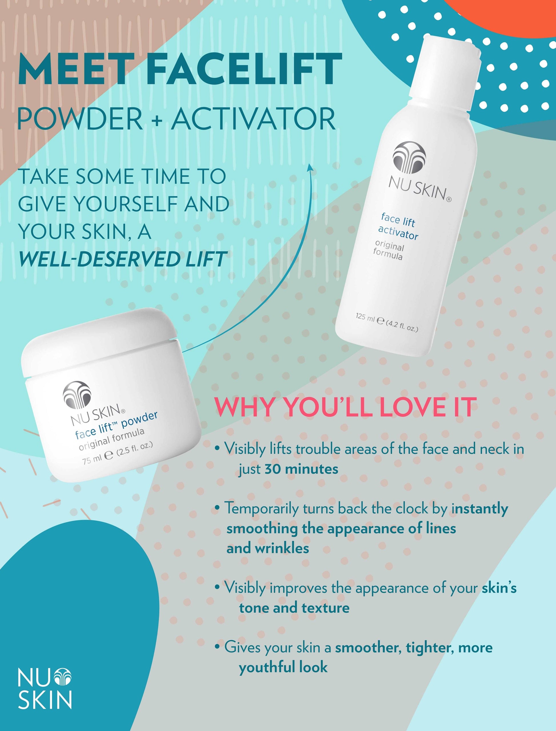 Activator (Original Formula)Buy Face Lift with Activator (Original Formula)
Face Lift works immediately to temporarily lift and tighten the face and neck for a firmer, more youthful appearance.Face Lift with Activator (Original Formula)