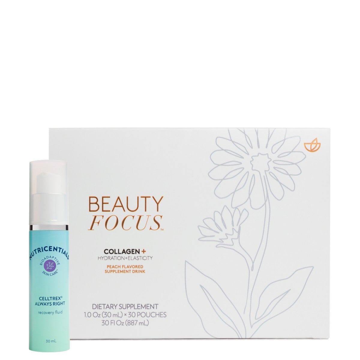 Beauty Focus™ Collagen + CelltrexBuy
* Discount will apply at checkout. 
 Kickstart collagen and elastin production, rev up radiance, visibly reduce fine lines and wrinkles, and boost hydration for Beauty Focus™ Collagen + Celltrex Always Right Recovery Fluid Subscrip